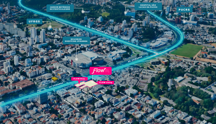 Mapa aéreo da localização do Flow Easy Living na Av. Ipiranga, próximo ao Bourbon Shopping, PUC-RS, UFRGS e Hospital São Lucas
